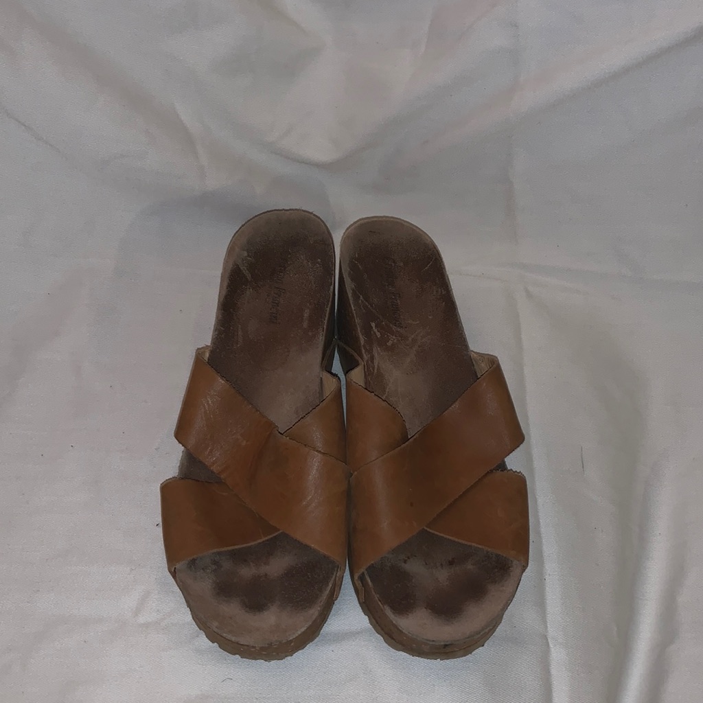 *3 For $25* Cristina Francini Tan Leather X-Band Wedge Sandals Women Size 9 1/2